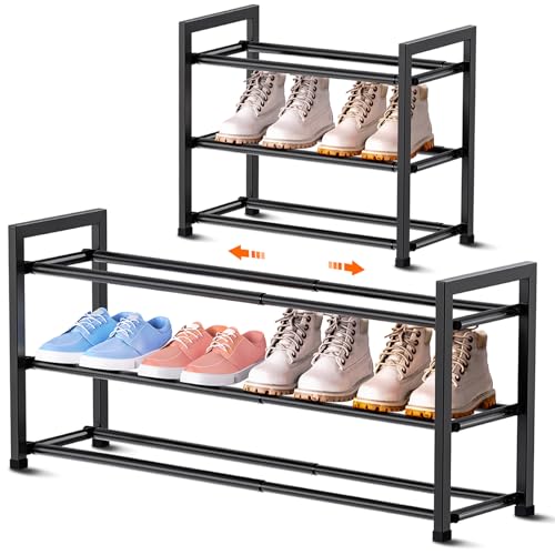 3段 伸縮式 シューズラック スリム 靴箱 スリム 省スペース 靴 収納 下駄箱 段ボールストッカー 玄関 廊下 鉄パイプ45cmから83cm伸縮 組み立て式（ブラック）