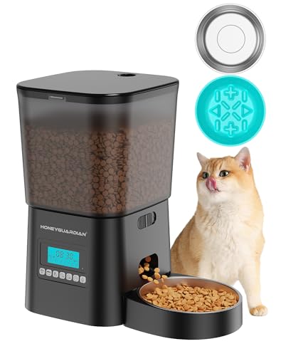 HONEYGUARDIAN ペット用自動給餌器 猫 中小型犬用 スローフィーダー付属 早食い防止設計 6回分け給餌 24時間タイマー対応留守番用 手動給餌可 音声録音機能 2WAY給電 電池/ACアダプター BPAフリー 防カビ設計｜日本語説明書付き