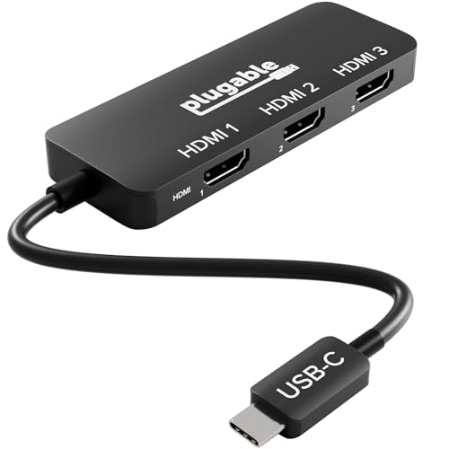 Plugable USB-C to HDMI マルチモニターアダプター、トリプル 4K60 ディスプレイ対応、ドライバ不要 MST ハブ (Windows/Chrome OS対応)、USB-C、Thunderbolt、USB4、ノートPC用、複数HDMIポート搭載、HDR・HDCP対応 (USBC-MSTH3)