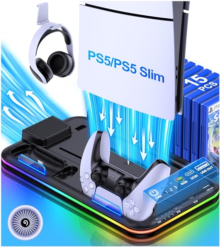 PS5 Slim スタンド PS5 Silm/PS5 縦置き スタンド PS5/PS5 Silm コントローラー 充電スタンド 2台同時充電 新型ps5 3段階冷却 PS5ディスク-デジタル兼用 冷却ファン 充電指示ランプ付 収納 多機能 ネジ付 USBケーブル付 LEDライト ブラック