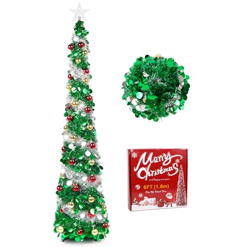 クリスマスツリー ポップアップ式 180cm トップ星＆飾り付き クリスマスツリー スリム 折りたたみコンパクト収納 キラキラ星 クリスマス飾り 被せて完成 お洒落で存在感 クリスマス・新年 北欧オーナメント 組立簡単 説明書 YHANEC