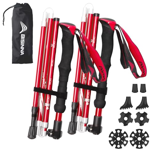 BISINNAトレッキングポール 折畳み 軽量 登山用ストック 2本セット コンパクト アルミ製 長さ調整可能 5段伸縮式 登山 ウォーキング アウトドア ハイキング 遠足 散歩 男女兼用 専用収納袋付き 持ち運びが便利 95-115cm（レッド）