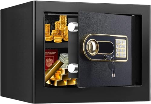 金庫 家庭用 小型 防犯金庫 A4書類横収納可能 鍵&緊急電池ボックス付 テンキー式 床・壁に固定可能 saf..