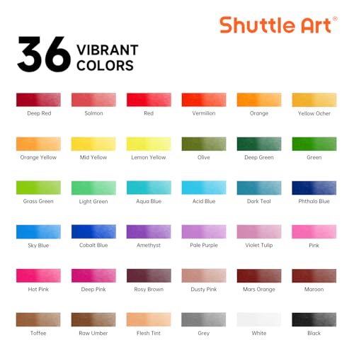 Shuttle Art 水彩絵の具 36色透明水彩 48点セット 筆10本 パレット 水彩紙付 12ml チューブ 大人の塗り絵 水彩画 お絵描き 美術 画材セット 学校用 幼稚園 初心者 専門家 プレゼント