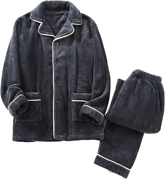 [wechose] メンズ パジャマ フランネル 上下セット 部屋着 ルームウェア ゆったり 両面起毛 裏起毛 長袖 防寒 暖かい 厚手 衿付き ポケット付き 秋冬服 無地 肌に優しい ふんわり 寝間着drak grey-XL