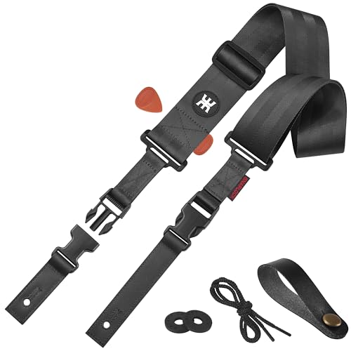 [Amumu] Nylon Seatbelt Guitar Strap SNAPLOCK ナイロン製ギターストラップ クイックリリースバックル＆レザーエンド付き アコースティック、エレキ、ベースギター対応 ストラップブロック＆ヘッドストックタイ付 - パープル、2インチ幅