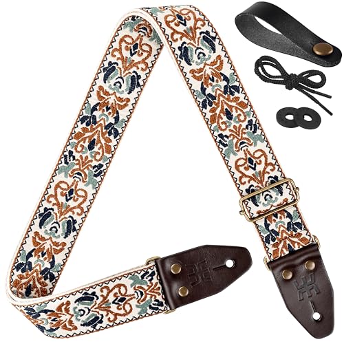 [Amumu] ギターストラップ フラワーオブライフ刺繍 トップグレインレザー ベース用 エレクトリック&アコースティック用 (ホワイト), ホワイト, 37.5“- 64“