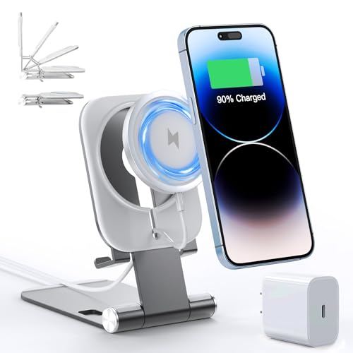 ワイヤレス充電器 Magsafe対応 iPhone 17/16/15/14/13/12 Pro Max Miniシリーズ対応【ワイヤレス充電スタンド+ 20W USB-Cアダプター付属】マグネット式 USB-Cケーブル付き 折り畳み式 角度調節 スマホ充電器 スタンド/パッド 小型 軽量