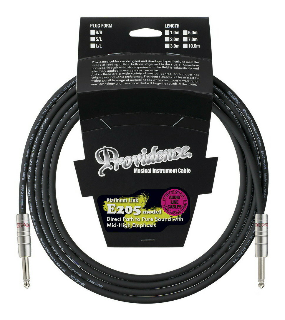 こちらの商品はお取り寄せとなります。3日～1週間ほどでお届け可能です。メーカー品切の際はお時間を頂きます。※画像は撮影用商品のため、お届けの際の商品とは異なります。E205“’59ers”Platinum Link Guitar/Bass Cableブルース、ジャズ、ビンテージ・サウンドにもオススメのE205がさらに進化しました!!Mid-Hiを中心とした中音域を自然に強調し、ギターの“オイシイ”倍音とラウド感、そして演奏のニュアンスや音の立ち上がりの良さを実感できるE205 model。新モデルでは、両サイドのプラグをロングシェルタイプに統一したことで、さらにまとまりの良いギターサウンドの響きを提供します。コンダクターに独自の芯線構成NVW1 OFCを使用し、枯れたニュアンスとピッキング時の音の立ち上がりを忠実に伝達することに重点を置いて開発されたE205ケーブルは、Mid-Hiをしっかりカバーし、ラフなカッティングやコード弾きで“オイシイ”とされる倍音をバランス良く際立たせます。アンプのみでドライブさせた時に生まれる独特なラウド感もよりスムーズに伝達し、ギターのボリュームを絞った状態でもその微妙なサウンドニュアンスは損なわれにくい特性を持っています。ブルースやジャズに、ビンテージギターでの演奏におすすめのケーブルです。SPECIFICATIONS・Providence with NVW1 OFC・Conductor Size:0.18mm2・Construction(No./mm):16/0.12OFC・Diameter:0.55mm・Insulation Thickness:0.98mm(±0.05)・Diameter:2.50mm・Inner Jacket Thickness:0.25mm・Diameter:3.00mm・Shield-Diameter:3.50mm・Jacket Thickness:1.45mm(±0.10)・Diameter:6.40mm・Maximum conductor resistance(20°C):100≧(Ω/km)・Capacitance(1kHz):Approx.140(pF/m)・Plug:NP-14およびNP-14L(L型プラグ)・日本製