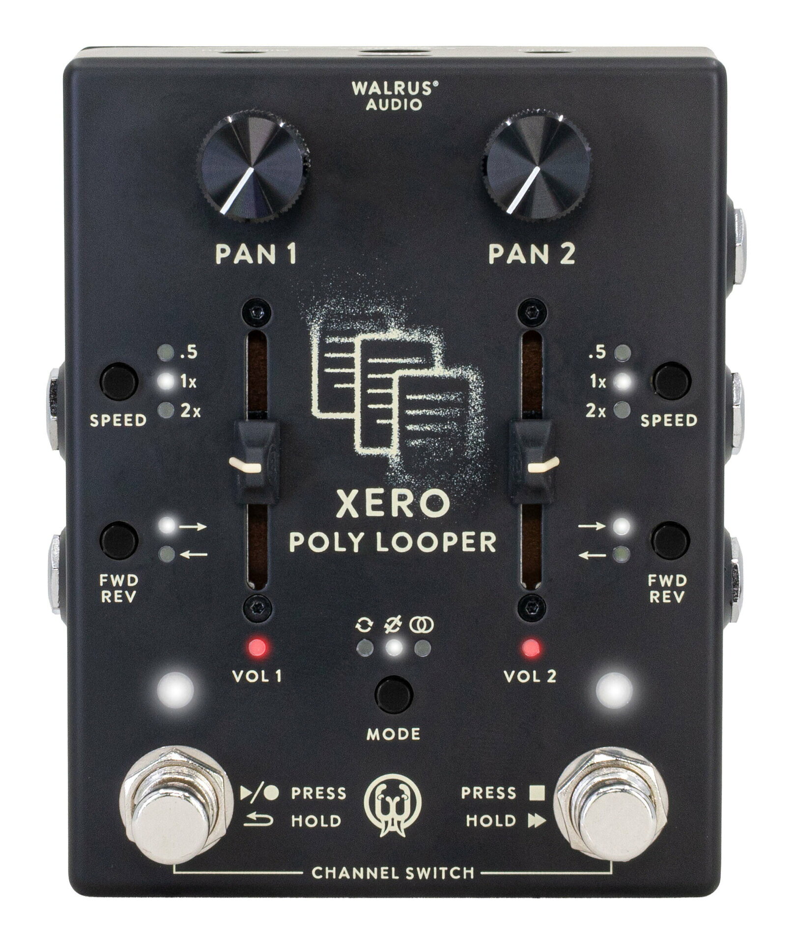 多彩なデュアル・ルーパーXero Polylooperは、トゥルーバイパス方式のデュアルチャンネルルーパーです。各チャネルが独立して制御でき、ステレオパン、可変再生速度、リバース機能、3種類のループモード、直感的なストンプ操作などの機能を搭載した、演奏、アイデア作り、ステージ上でのテクスチャを構築するのに強力な武器になるルーパーです。デュアルループチャネル ＆独立したコンロトール・各チャンネルで最大3分間のループ録音・無制限のオーバーダブ(重ね録り)・各チャネルにボリュームとパン(左右の定位)コントロール・再生速度(0.5x/1x/2x)・逆再生オプション簡単操作・左のストンプスイッチをタップ →ループ録音/再生・左のストンプスイッチを長押し →直前の状態に戻す・右のストンプスイッチをタップ →ループ再生停止・右のストンプスイッチを長押し→スピードFXを起動・両方のストンプスイッチを同時押し →チャネルコントロール切り替え・両方のストンプスイッチを同時に長押し →全停止または全消去・Volume→音量調整・Pan→ステレオ定位(左右)を調整・Speed→再生速度の切替(0.5x/1x/2x)・Reverse→逆再生のオン/オフループモード・Sync Mode・最初の録音ループに時間を揃えるモード・Unsynced Mode・各チャネルがまったく独立した長さのループを録れるモード・Poly Mode・3:4や5:7等の時間割を共有してポリリズムを作るモード。MIDIクロック同期にも対応。見やすい表示●各チャンネルに専用のマルチカラーLED表示・録音・再生・停止操作用の色(赤・緑・白)・スピードエフェクトの種類による色(シアン、ピンク、黄、青など)・チャンネルコントロール状況を示す赤いLEDスピードエフェクトと方向のコントロール・半分の速度(0.5×)、標準速(1×)、倍速(2×)の速度切替・各チャネルで逆再生可能・Syncモード/Polyモードではループの開始に同期してFXが発動するよう設計されている外部デュアル・ストンプTRSデュアル・フットスイッチを使ってストンプ操作を拡張し、セカンダリ機能への素早いアクセスが可能。MIDI統合・1/8インチTRS MIDI IN(Type A)・ダウンストリームデバイスへのMIDIスルー送信に対応・ルーピング、プレイバック、スピードFXなどMIDI CCコントロールをサポートファームウェアMacまたはWindowsでChromeブラウザを使用し、USB-C経由で更新可能。※最新のファームウェアはwalrusaudio.ioを確認して下さい。OTHER・トゥルーバイパス・ステレオ入力/出力、各チャネルにパン調整可能・1/8インチMIDI IN/THRUポートあり(タイプA TRS) →クロック同期やリモートコントロールに対応・Exact size of the die-cast enclosure is 4.6”x 3.9”x 2.3”including jacks.