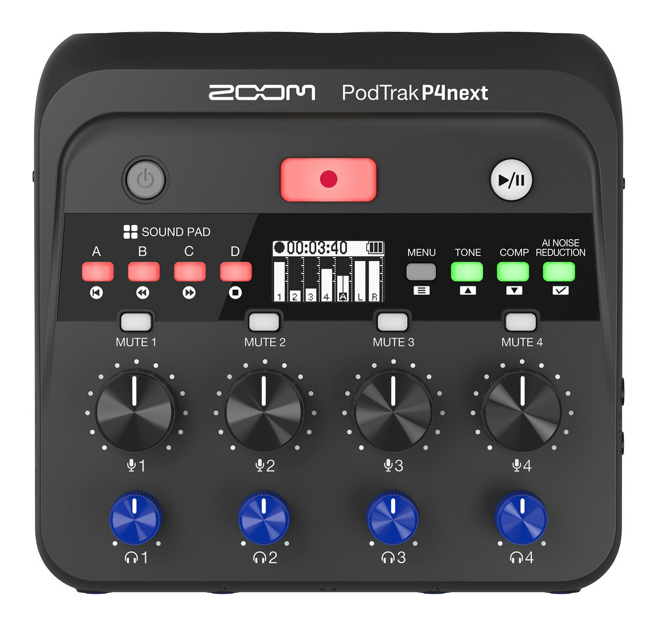 次世代の4XLR入力ポッドキャストレコーダープロフェッショナルなポッドキャスティングが、かつてないほど簡単に4つのXLRマイク入力と4つのヘッドフォン出力を備え、4人分の会話を収録できるポッドキャスト用レコーダー『PodTrak P4next』。AIノイズリダクション、TONE、COMP機能を搭載し、ブロードキャスト品質の聴き取りやすい音声を誰でも簡単に録音可能。パソコン/スマートフォンとのUSB接続で、ライブ配信やビデオポッドキャストの音声にも利用できます。アップグレードされたテクノロジー録ったら即配信できる、低ノイズで聴き取りやすい音声を実現。もう編集のために多くの時間を割く必要はありません。AIノイズリダクション屋内の空調音や街の騒音などが会話の邪魔をすることはありません。AIノイズリダクションが、会話の音質はそのままに、不要なバックグラウンドノイズを学習してピンポイントで除去。周囲の環境を気をせず、どこでも収録できます。声をより一層美しく歯擦音を抑えながら声の輪郭を明瞭にする「TONE」機能を搭載。イコライザーとディエッサーを内蔵し、ワンタッチで瞬時に聴き取りやすい音声に仕上げることができます。クリアでプロフェッショナルなポッドキャストサウンドを実現します。常に均一な大きさでささやくような会話から突然大きな笑い声がわき起こっても、話しているうちにマイクと口の距離が変わっても、声の大きさを一定に保つ「COMP」機能があれば安心です。常に安定した音量で、リスナーの耳に届けられます。あらゆるマイクに対応プロ定番のポッドキャスト用マイクをしっかりと駆動するには、ハイパワーなマイクプリアンプが必要です。『P4next』は、最大+70dBの高ゲイン/EIN-125dBuの低ノイズ設計の高品位なマイクプリアンプを4基内蔵。マイク本来の性能を最大限に引き出すことができます。コンデンサーマイクが必要とする+48Vのファンタム電源も供給可能です。場所を問わずに収録気持ちよく晴れた日は、軽量コンパクトな『P4next』を持ち出して、屋外で収録するのもいいでしょう。単3アルカリ電池2本で約3.5時間。モバイルバッテリー、USBバスパワー、USB-ACアダプタ(12W以上)でも駆動します。ゲストの皆様、いつでもお越しくださいUSB、Bluetooth*、またはTRRS(4極ミニ)入力でスマートフォンと接続すれば、最大2人分のコールインゲストを参加させることが可能。通話先の音声にエコーが発生しないようにするミックスマイナス機能を内蔵し、最大で5人分の音声(3マイク入力+2ゲスト)の収録/配信が行えます。*別売Bluetoothアダプタ『BTA-2』が必要です。独立4系統のヘッドフォンアンプ独立ボリューム付きのヘッドフォン出力を4系統装備。出演者全員が、それぞれの好みに応じた最適なヘッドフォン音量に調整することができます。マニュアル要らずの直感的なユーザーインターフェースA.ディスプレイ:レベルメーター、録音状況、各種メニューと設定値を表示B.トランスポートキー:直感的に操作できる、バックライト付きRECキーとPLAYキーC.簡単なミキシング:素早くミックスバランスを整えられる、4つのマイクボリュームD.ヘッドフォンボリューム:個別の音量調整が可能な、4つのヘッドフォンボリュームE.ミュート機能:使用しないマイクの入力を無効にして、不要なノイズを排除動画付きポッドキャスティングリスナーとより深いつながりを築ける、動画付きのポッドキャスティング。スマートフォンと『PodTrak P4next』があれば、今すぐ始められます。声だけでは伝えきれなかった魅力のすべてを、映像で解き放ちましょう。映像と親和性の高い24bit/48kHzで録音映像制作で標準の24bit/48kHz録音に対応。音と映像のズレが防止でき、ビデオポッドキャストでも安心して使えます。モバイル動画の撮影にスマートフォンと『P4next』をUSBケーブルで接続すれば、プロ品質のオーディオを直接動画に録音できます。収録後に、映像と音声を合わせる作業は不要です。ライブ配信に対応パソコン/スマートフォン/タブレットとUSB接続すれば、『P4next』が提供するブロードキャスト品質のサウンドを、そのままライブ配信に利用できます。ループバック機能でBGMを流すことも、ライブ配信しながらmicroSDカードにバックアップを録音することも可能です。4つのサウンドパッド4つのSOUND PADを搭載し、イントロ、ジングル、効果音のトリガー再生(ポン出し)が行えます。プリセットサウンド(拍手、笑い声、リムショット、エアホーン)を内蔵しているほか、パッドに直接録音したり、任意の音声ファイルをロードして割り当てることも可能。番組を効果的に演出できます。マルチトラック仕様のUSB-CオーディオインターフェースWindows/Mac/iOS/Android対応のUSBオーディオインターフェース機能を搭載。配信に適したステレオミックス済みの音声を送る「Stereo Mix」に加え、4つのマイク入力、SOUND PAD、コールインゲストの音声をマルチトラックに送る「Multi Track」モードも利用可能。DAWで個別の音声をしっかり編集するニーズにも対応します。ステレオMIXとマルチトラックの同時収録『P4next』では、収録後にそのまま即配信できるステレオミックス録音に加え、各チャンネルの音声をマルチトラックに記録します。これにより、後からDAWに取り込んで、各チャンネルの音声を仕上げたり、より本格的なミキシングや編集を行うことが可能。録音ファイルは、最大2TBのmicroSDカードに直接保存されます。音声ガイダンス音声ガイダンス機能を搭載し、ヘッドフォンを通じてメニューや操作を音声で案内します。外形寸法:125.9 mm(W)×120 mm(D)×40 mm(H)質量(電池含む):300 g