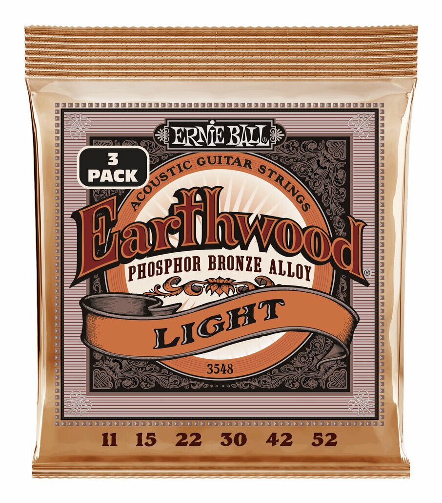 Now available in convenient three-set packs. Ernie Ball Earthwood Light Phosphor Bronze Acoustic Guitar Strings are made from 92% copper, 7.7% tin, 0.3% phosphorus wire wrapped around tin plated hex shaped steel core wire. These guitar strings have a light orange, gold color and provide a mellow, ringing sound, with excellent clarity. Gauges .011, .015, .022w, .030, .042, .052