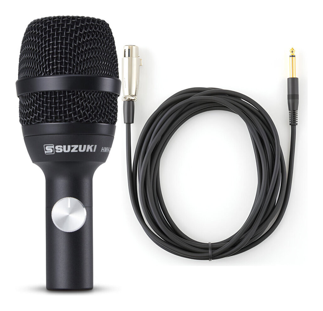 ★セット内容★本体:SUZUKI HMH-200マイクケーブル 5m (XLR-フォン):SUZUKI CI-5ハーモニカマイクHMH-200ハーモニカの音色をリアルに再現するダイナミック型マイクロホンハーモニカの音に含まれる高音域から低音域まで広範囲の音を収音可能で、細かなニュアンスもリアルに再現します。また楽器との距離や角度を調整することによって、音の表情をコントロールできます。単一指向性により、ハウリングを起こしにくいという特長があります。演奏中の音量調節が可能音量ツマミ付きなので、バンド演奏時にソロとバッキングで音量を変えたい時や、楽器を持ち替えるタイミングで音量を絞りたいといった場面に大変便利です。また、ハーモニカとマイクの距離を近づけた状態で音量調整ができるので近接効果※も活用できます。※単一指向性のダイナミック型マイクロホンは音源に近づけると低音が持ち上がる性質があり、これを近接効果と呼びます。ハーモニカ演奏に適したハンドリングヘッド部分はハーモニカと一緒に握りやすいサイズに、また片手で保持しやすいよう全体を可能な限り短くすることでハーモニカ演奏に適したハンドリングの良さを実現。別売のクリップ型マイクホルダーでマイクスタンドでの使用も可能にHMH-200は手で保持するほか、別売のクリップ型マイクホルダーでマイクスタンドに取り付けてご使用いただくことも可能です。仕様インピーダンス:250Ω形式:ダイナミック型マイクロホン指向特性:単一指向性周波特性:80〜15,000Hz感度:-52dB±3dB(0dB=1V/Pa,1kHz)出力端子:3ピンXLR-M(オス)寸法:直径48×長さ122mm(突起部を除く)重量:176g付属品:ソフトケース(ポーチ)コントロール:音量備考:※アンプとの接続には別売のマイクケーブル(CI-5:XLR(メス)-フォン)が必要です。