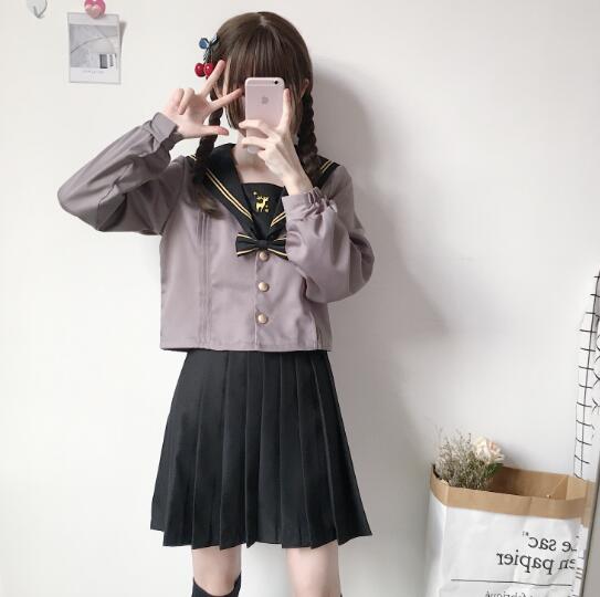 送料無料レディースファッション セーラーワンピース制服 海軍風 学園風 長袖/半袖 シャツ+ミニスカート+リボン+靴下4点セット女子高生　セーラー服 森ガールスクール制服　学生清純コスプレ 衣装