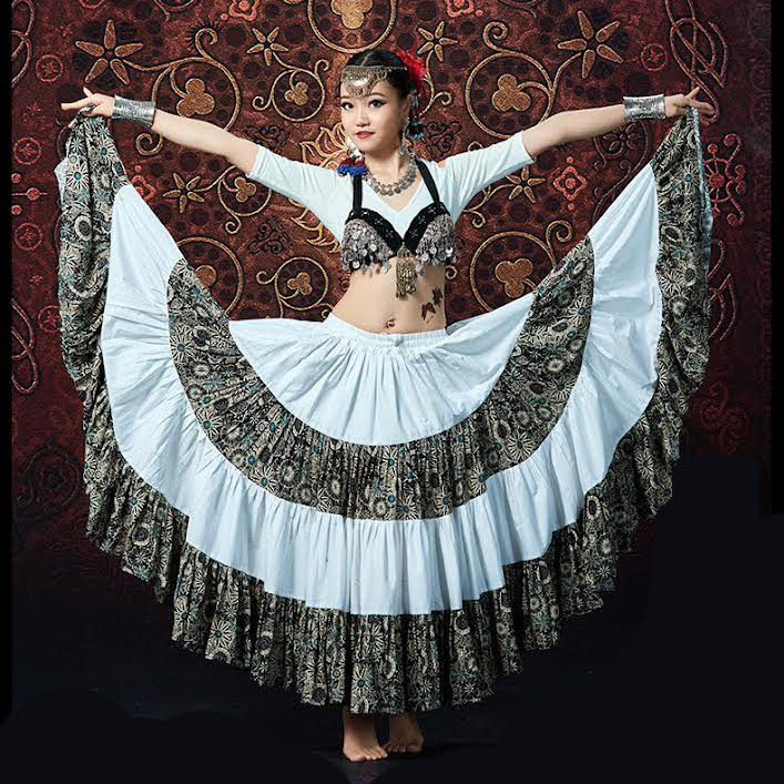 25ヤードジプシースカートホワイト&エキゾチック柄 トライバル ベリーダンス衣装 コスチューム ステージ衣装 レッスンウェアレッスン着 パーティー 発表会