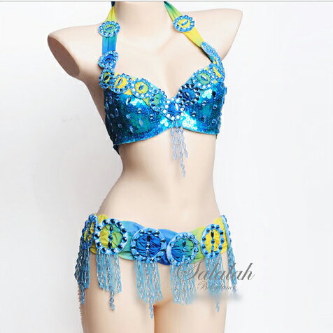 ベリーダンス衣装 ブラ、ベルト2点セット 全7色 ライトブルー ダークブルー グリーン パープル イエロー レッド ピンク