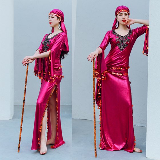 ベリーダンス衣装 サイーディドレス ドレス、ヒップスカーフ、ヘアスカーフ、インナーショートパンツ4点セット ベリーダンス 衣装 コスチューム レッスンウェア レ...