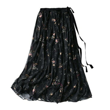 小花柄シフォン素材マキシ丈ロングスカートハンドプリーツ加工 カジュアル シワ感 透け キレイ リゾート風 レディース 女性 コンシールファスナー フレアスカート 小花柄プリント シフォン ウエストリボンデザイン パーティ イベント 結婚式