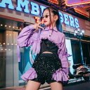 キッズ ダンス衣装 3点セット 女の子 トップス キャミ パンツ セットアップ ヒップホップ ジャズ K-POPダンス チアガール アメリカン ショートパンツ 長袖 ダンス大会 イベント Bガール 女の子 ガールズ ユニホーム スパンコール ピンク パープル イエロー フリル 可愛い