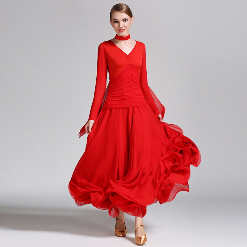 レディース 社交ダンス衣装 ラテン衣装 スタンダードドレス ワンピース モダンドレス シンプル レッド ブラック ホワイト 長袖 シンプル Aライン Vネック ウエスト ギャザー ドレッシー 綺麗 上品 フリル シフォンドレス 大きい裾 ラテン ルンバ タンゴ