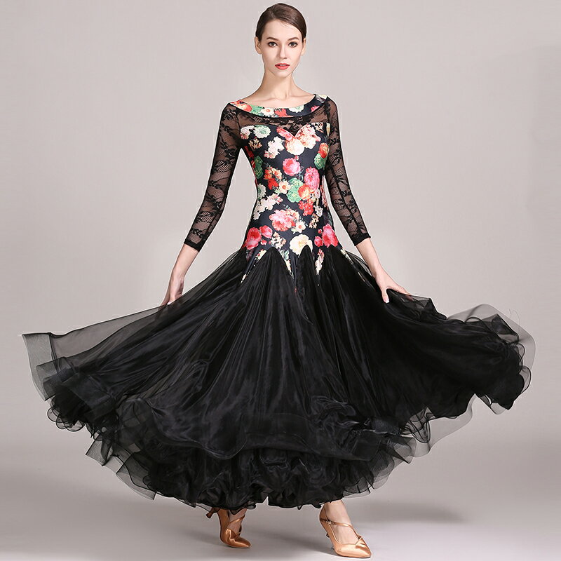 レディース 社交ダンス衣装 モダンドレス レース 花柄 ロングワンピース 七分袖 ブラック 黒 グリーン ..