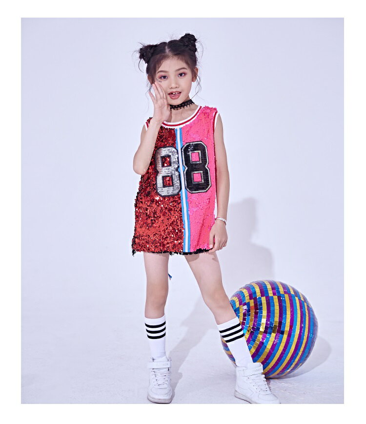 キッズ ダンス衣装 子供服 スパンコール ワンピース トップス バスケットタンク ユニホーム ヒップホップダンス ストリートダンス ジャズダンス ノースリーブ ロング丈 発表会 ダンス大会 ダンス用 オレンジ レッド ピンク シルバー 女の子