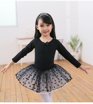 バレエ レオタード スカート付き ドット 水玉 パニエ ピンク ブラック 長袖 子供用 キッズ ジュニア スカート フリル リボン ドット チュチュ バレリーナ ボリューム ダンス 衣装 バレエダンス 110 120 130 140 150 160