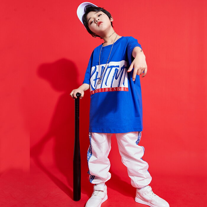 ダンス衣装 kids 上下2点セット ダンスウェア セットアップ 半袖 無地Tシャツ ロングトップス スウェット ジャージ 長ズボン ヒップホップ ブレイクダンス ロングパンツ 練習用 ビッグTシャツ シンプル 女の子 男の子 ジュニア 子供服 青 白 スポーツウェア