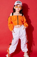 キッズダンス衣装 上下2点セット オフショルダー トップス+ロングパンツ 韓国風 K-POPダンス セットアップ 肩出し かわいい 長袖 無地 長ズボン ヒップホップダンス ブレイク オレンジ へそ出し ショート丈 シンプル 練習用 発表会 シンプル 女の子 ジュニア 子供服