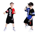 2点セット Tシャツ ハーフパンツ 子供用 キッズダンスウェア パンツ セットアップ ダンス大会 ダンス衣装 ヒップホップダンス ストリート系 スポーツウェア ブレイクダンス 練習着 レッスン用 ブラック ブルー レッド 半袖 チーム 男の子 R&B ダンス服 Tシャツ