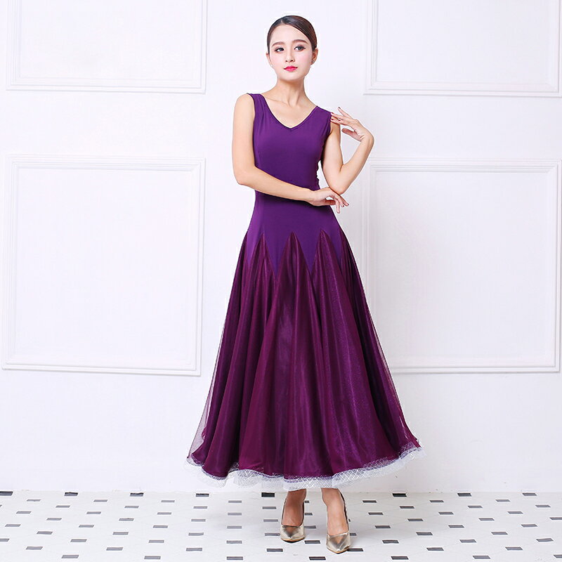 社交ダンス ロングワンピース モダンドレス ラテン衣装 エレガンス ワルツダンス パーティードレス 舞台衣装 演出 競技ドレス ラテン フラメンコ ワルツ タンゴ ルンバ 衣装 ドレス スタンダード シンプル パープル ロング ノースリーブ Aライン サイズ S M L XLのサムネイル