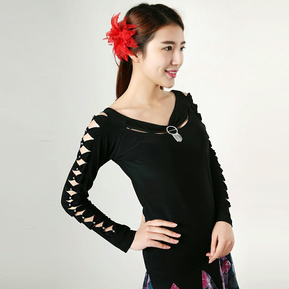 レディース ダンス衣装 トップス 長袖 カットソー ダメージ加工 舞台衣装 社交ダンス イベント ダンス衣装 ダンス大会 練習着 レッスン着 ジャズダンス ラテンダンス ワルツ タンゴ ルンバ 衣装 黒 ブラック