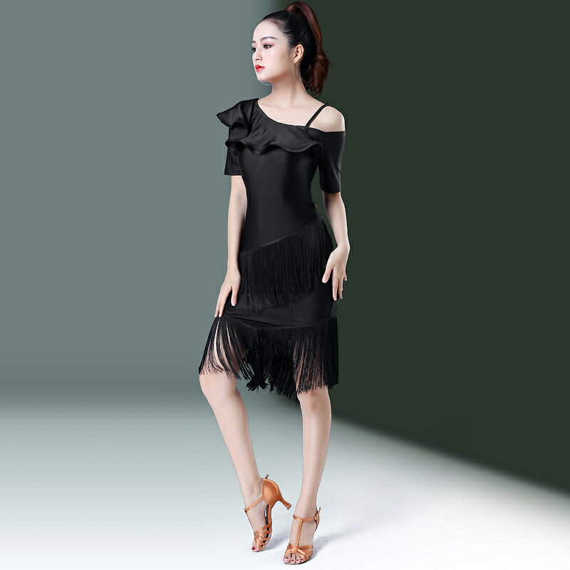 レディース 社交ダンス衣装 フリル ワンピース オフショルダー ワンショルダー フリンジ シンプル ひざ丈 エレガンス シック 上品 ショーダンス イベント ジ...