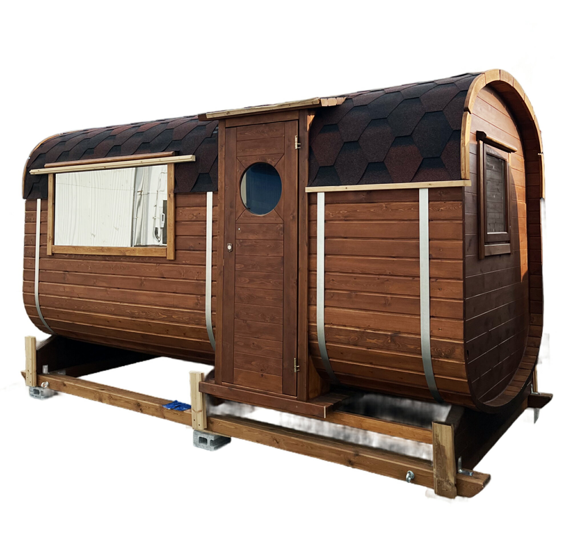 ★12年保証★(シベリア杉の耐久性に基づく)! プレミアムバレルサウナ【4mx2.1m】 サウナ小屋 + Harvia薪ストーブ付き! スプルースや普通のパイン...