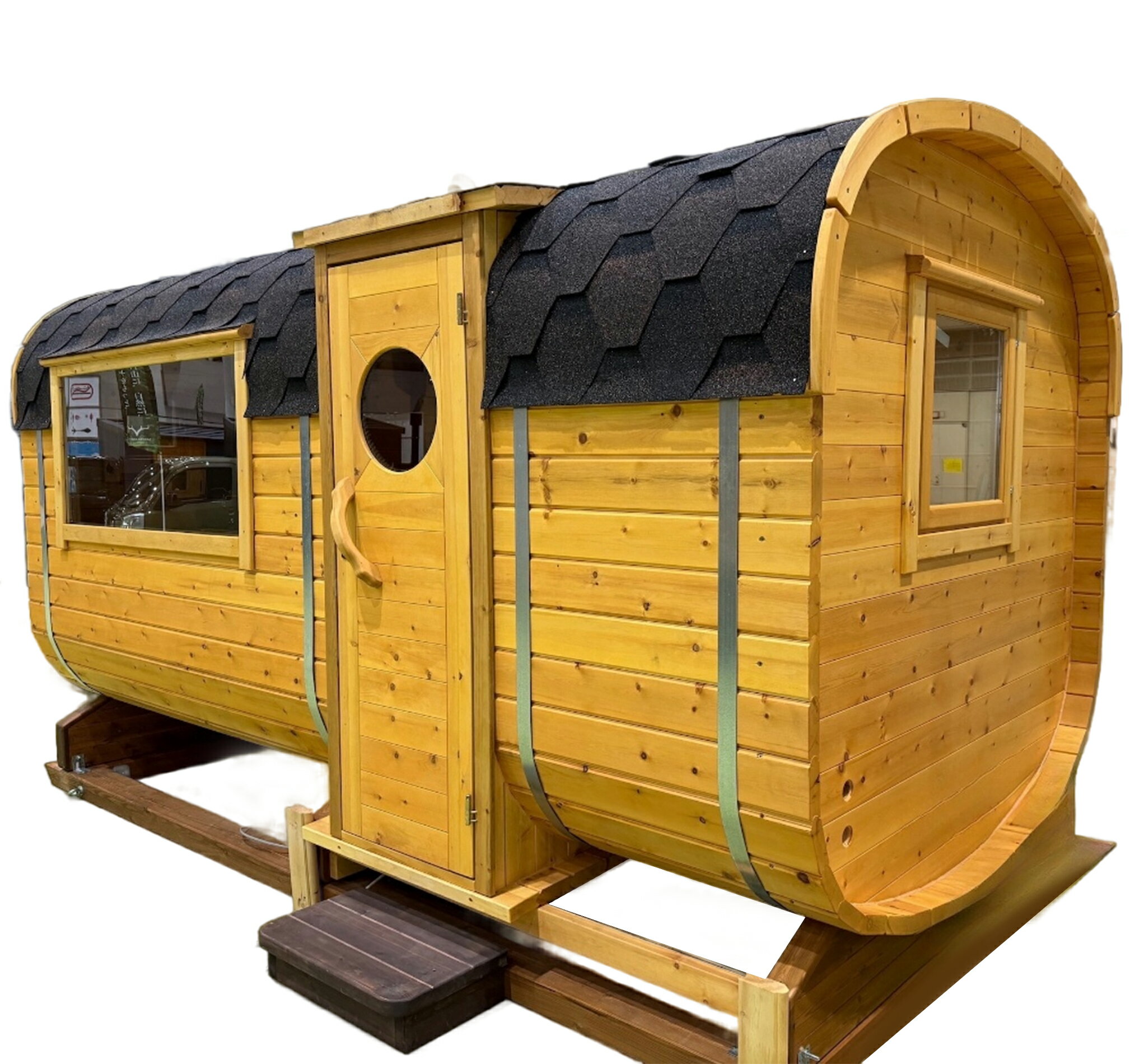 ★12年保証★(シベリア杉の耐久性に基づく)! プレミアムバレルサウナ【4mx2.1m】 サウナ小屋 + Harvia薪ストーブ付き! スプルースや普通のパイン...