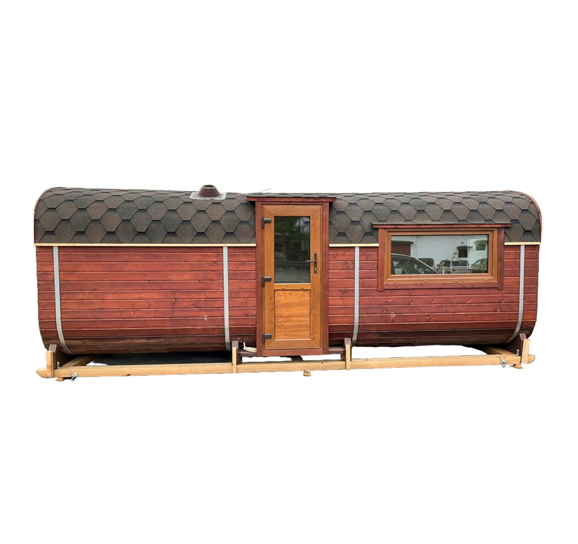 ★12年保証★(シベリア杉の耐久性に基づく)! プレミアムバレルサウナ【6m х 2,1m】 サウナ小屋 + Harvia薪ストーブ付き! スプルースや普通のパ...