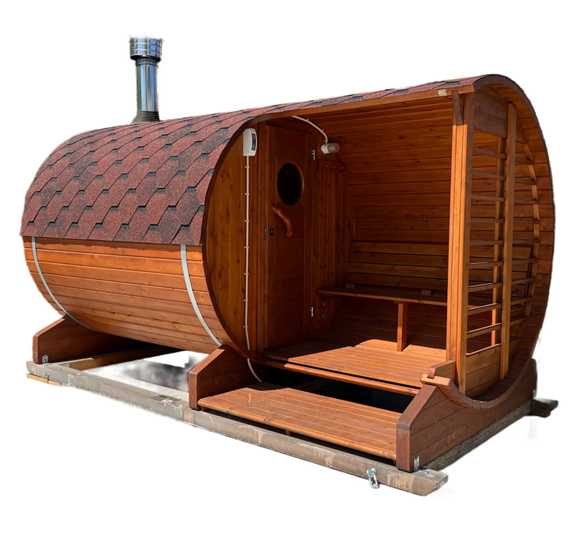 ★12年保証★(シベリア杉の耐久性に基づく)! プレミアムバレルサウナ【3.98mх2.1m】 サウナ小屋 + Harvia薪ストーブ付き! スプルースや普通の...