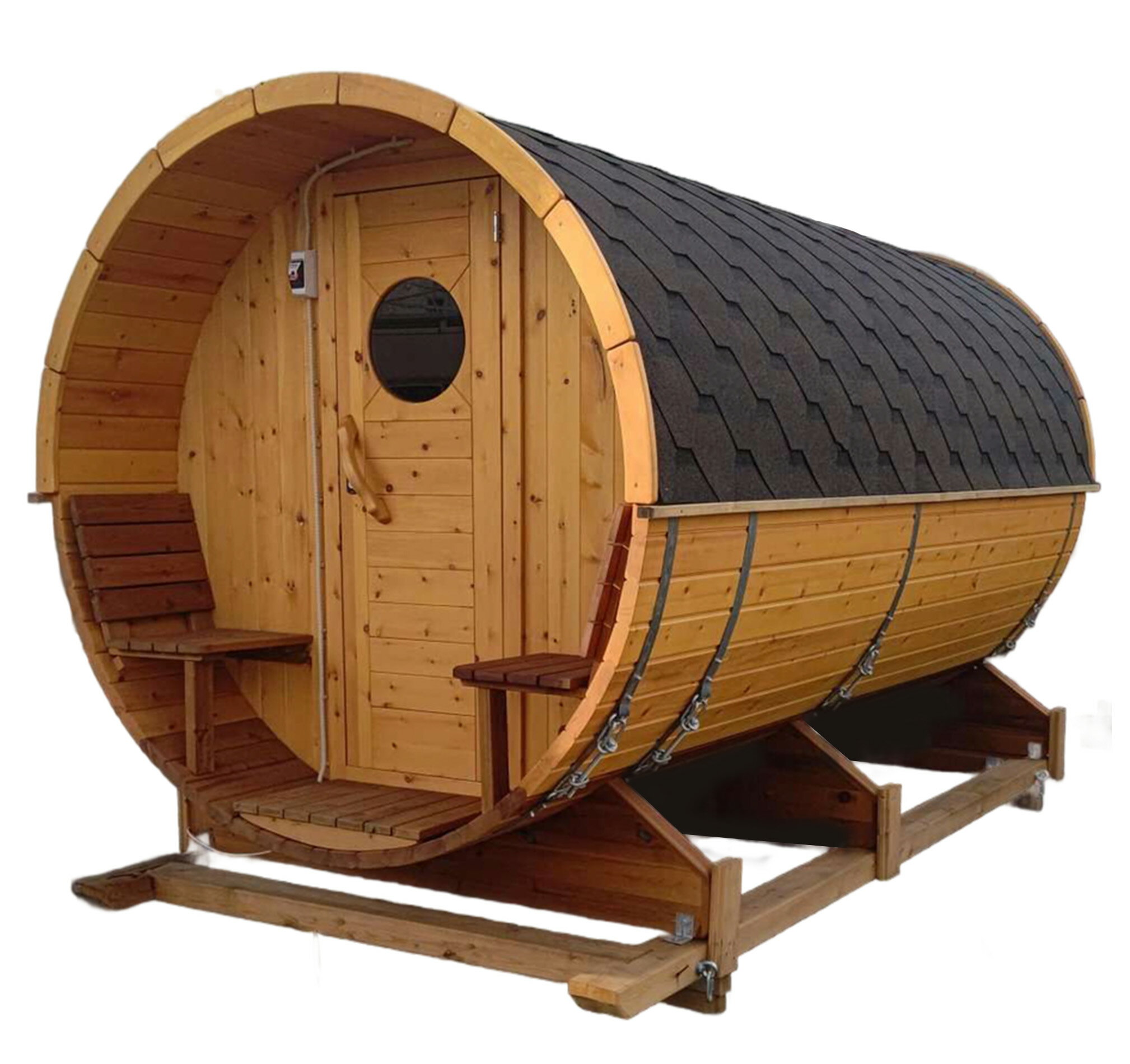 ★12年保証★(シベリア杉の耐久性に基づく)! プレミアムバレルサウナ【4m х 2.1m】 サウナ小屋 + Harvia薪ストーブ付き! サウナ用燃料ブリケッ...