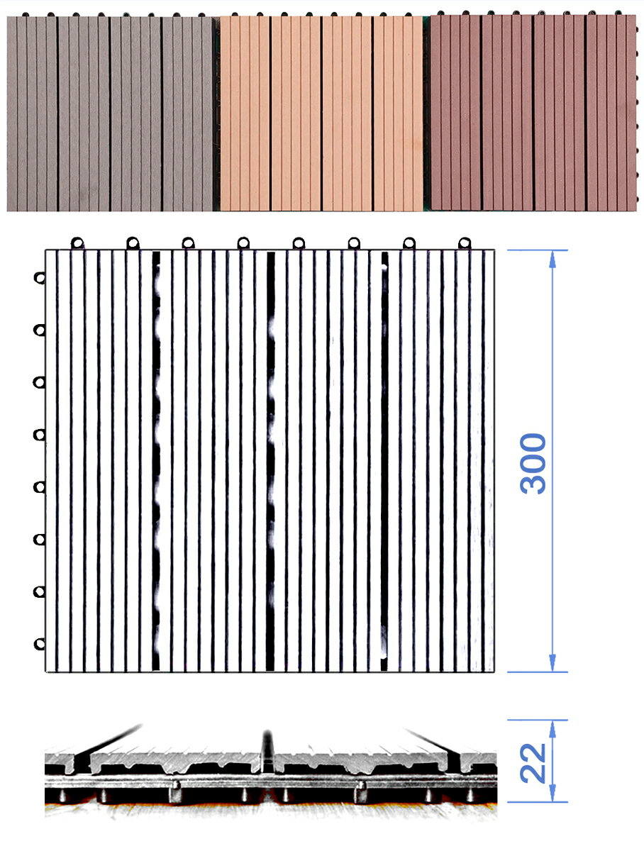 高品質人工木タイル・ウッドデッキタイル【300x300x22mm・グレー色・20枚セット】ベランダ、庭、バルコニー床、テラス作りに最適のフロアデッキパネル ガーデニング材料