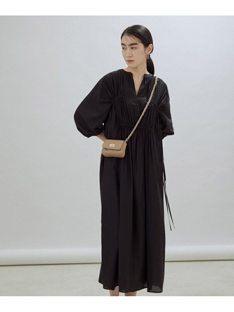【SALE／30%OFF】ウエストギャザーキーネックワンピース SALON adam et rope' サロン アダム エ ロペ ワンピース・ドレス ワンピース ベージュ ブラック【RBA_E】【送料無料】[Rakuten Fashion]