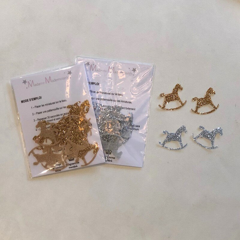 期間限定セール　Madame, Mademoiselle アイロンシール ワッペン ミニ アップリケ アイロンシート ハンドメイド 木馬 ロッキンホース 小さい かわいい 可愛い おしゃれ 男の子 女の子 キラキラ ゴールド シルバー マスク 幼稚園 保育園 入園準備 出産準備のサムネイル