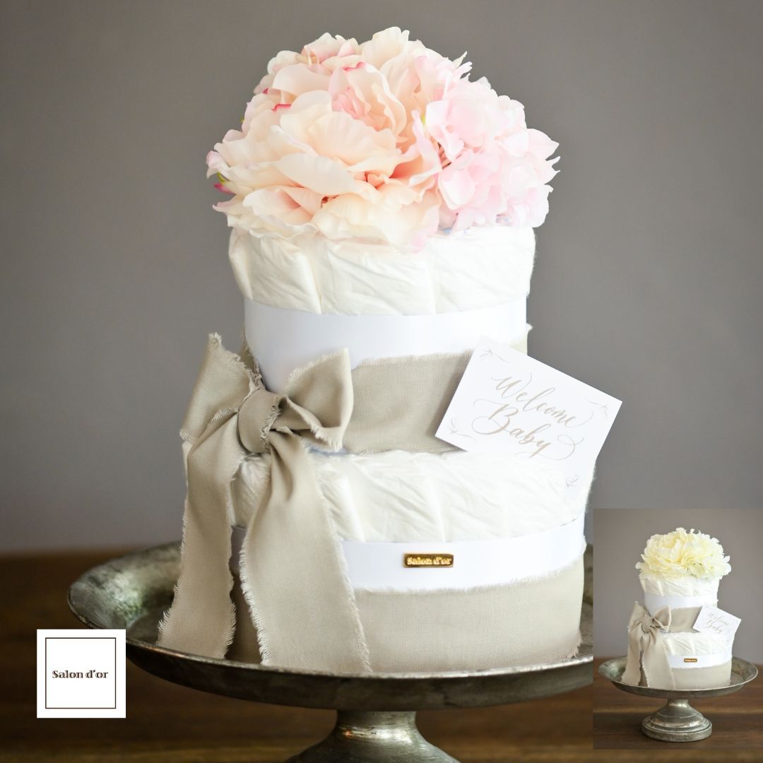 【 オーガニック プレミアム おむつケーキ Welcome Baby ピオニー の ダイパーケーキ 】サロンドール ピンク ホワイト 造花 男の子 女の子 高級 バンボネイチャー Sサイズ テープタイプ 出産祝い ベビーシャワー　※ 名入れ 不可 l m ビッグ ではありませんのサムネイル