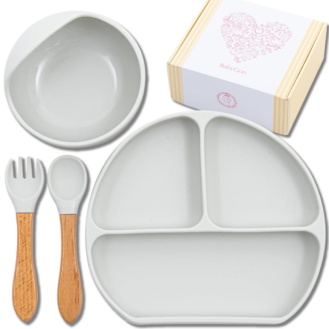 BabyGooⓇ ベビー食器 ひっくり返らない 赤ちゃん 離乳食 吸盤 すくいやすい シリコン くっつく お皿 赤ちゃん 人気 出産祝い 食品衛生検査済み(スモーキーホワイト, 4点セット)