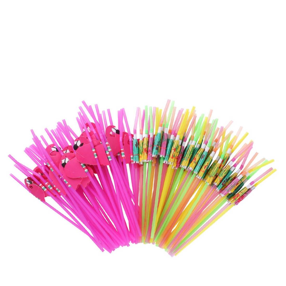OUNONA ストロー 使い捨て 100本入り 傘 ロングストロー 23.8cm 長い 曲がるストロー 3Dフラミンゴ ストロー業務用 喫茶店用 飲みストロー