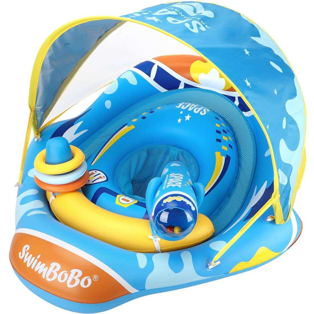 ベビー浮き輪 屋根付き ボート 赤ちゃん用 足入れ浮き輪 UVカット SPF50+ 日焼け止め 取り外し可能なサンシェード ベビーフロート 海水浴 ビーチ 夏グッズ 外遊び 旅行 夏休み アウトドア 暑さ対策 6ヶ月-3歳の子供適用 (ブルー)(3)