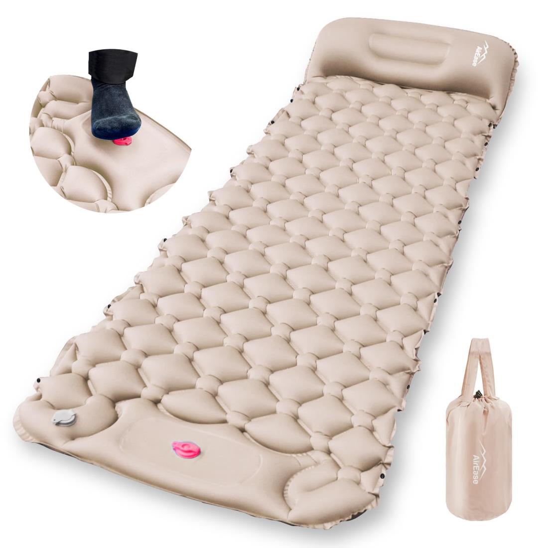 エアーマット キャンプ【2025NEWモデル.25秒膨らむ10CM厚さ】 足踏み式 R値4.0 厚手 枕付き 車中泊 防災 超軽量 コンパクト 防水 寝袋 持ち運び便利 簡単収納 災害マット 登山 キャンプ用品 テント 収納袋付き