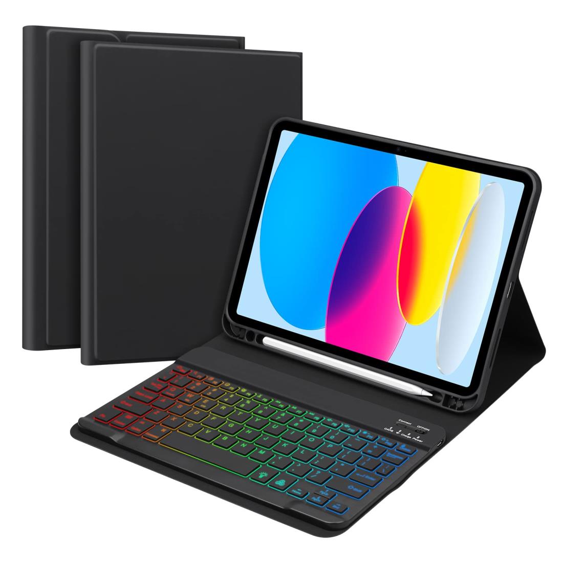 iPad 第10世代 キーボード ケース GOOJODOQ (2022) iPad10 7色バックライト付き ワイヤレス キーボード カバー 10th 10.9インチ専用ケース 脱着式 ペンホルダー付き スタンド機能 オートスリープ機能 多角度調整 傷つけ防止 耐久性(ブラック)