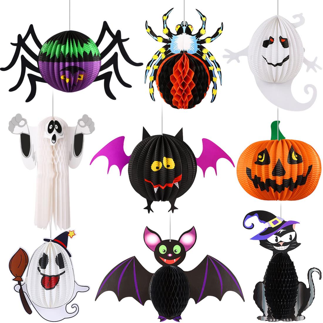 SANNIX ハロウィン 飾り 吊り下げ 9点セット パーティー 装飾セット 紙提灯 カボチャ ランタン 折りたたみ式 クロネコ 幽霊 ゴースト コウモリ 蜘蛛 お化け屋敷 装飾品 学園祭 イベントグッズ