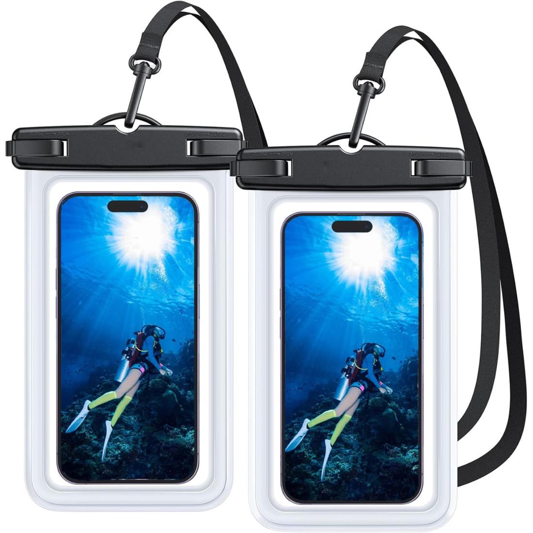 スマホ 防水ケース IPX8認定 防水カバー 水中撮影 高感度 タッチ対応 Face ID 顔認証 首かけ ストラップ付き 多機能スマホバッグ 海 プール お風呂 釣り 登山 iPhone/Android 7.3インチ以下全機種対応 (クリア, 2個セット)