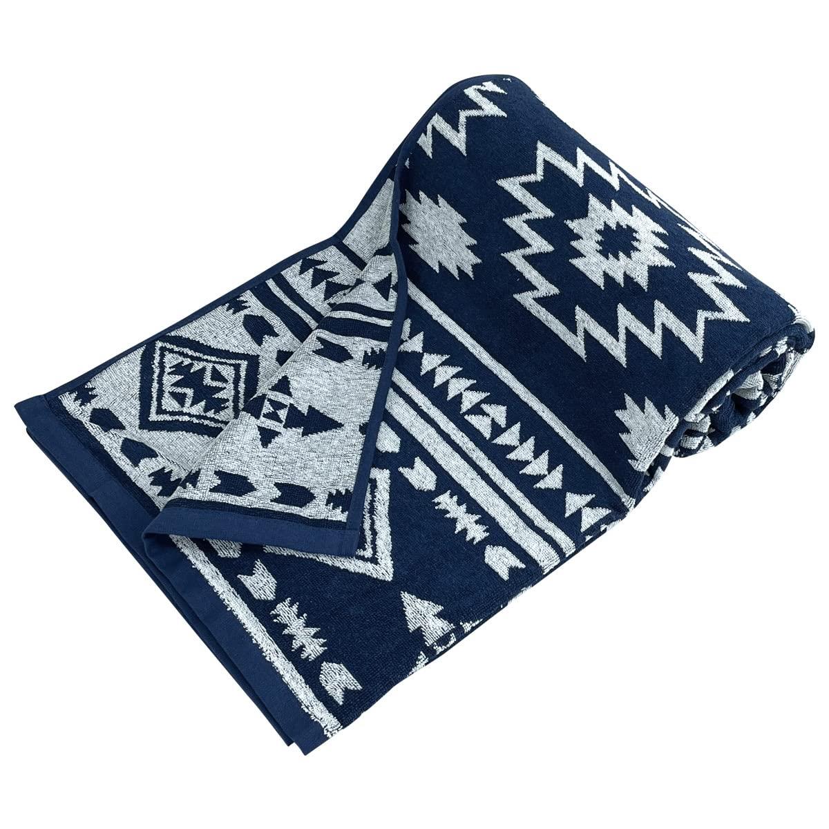 リヴェール タオルケット シングル エジプト綿100% オルテガ柄 ジャガード織 ソファーカバー 夏用 (ネイビー)